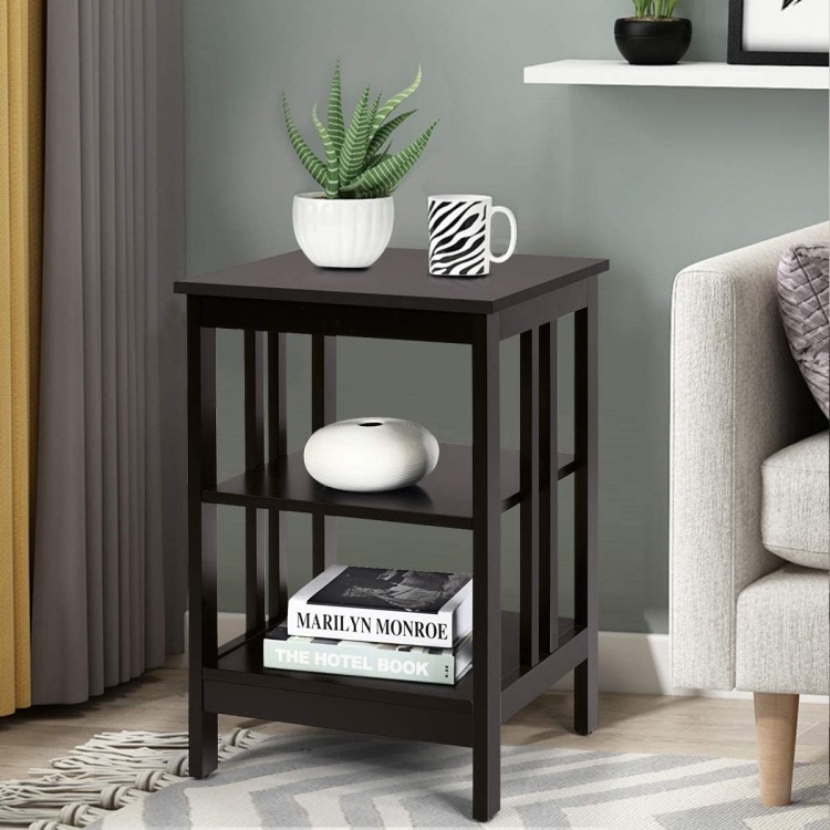 Dark brown 3-tier nightstand with open compartments, perfect for storage and display in living room or bedroom.