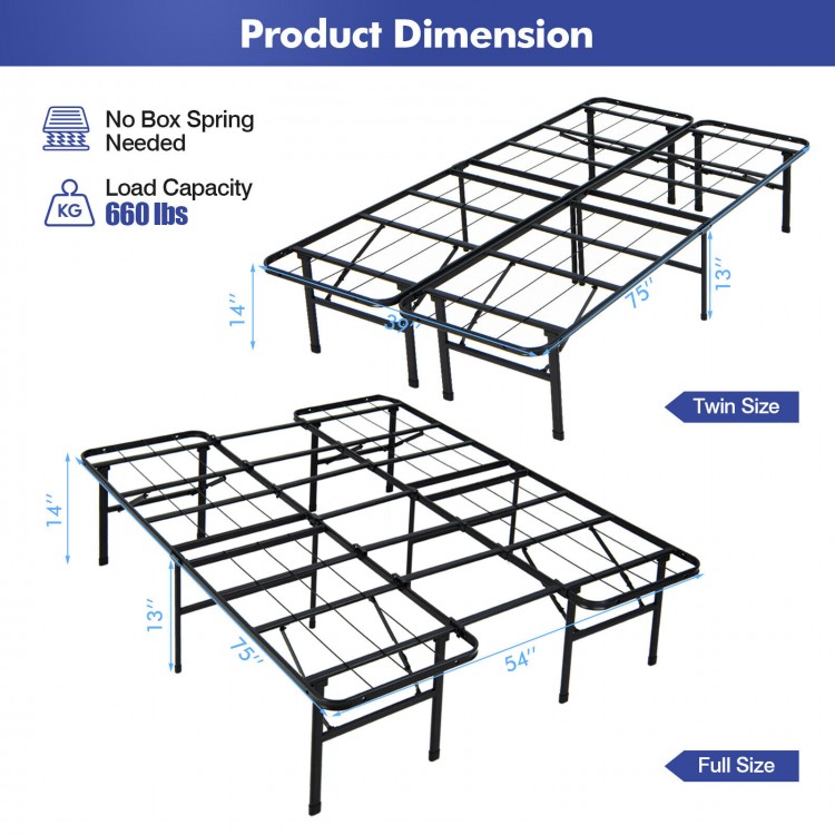 Folding steel platform bed frame in twin and full sizes, featuring 660 lbs capacity and tool-free assembly for easy.