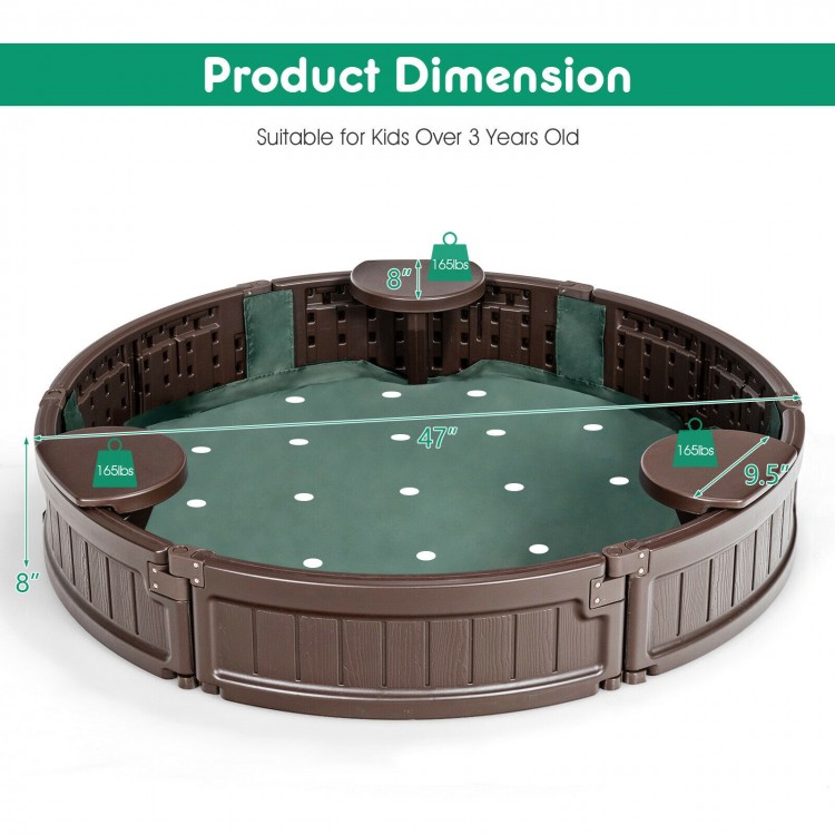 Round brown sandbox with built-in corner seats, weather-resistant HDPE, and dust-proof cover for outdoor play.