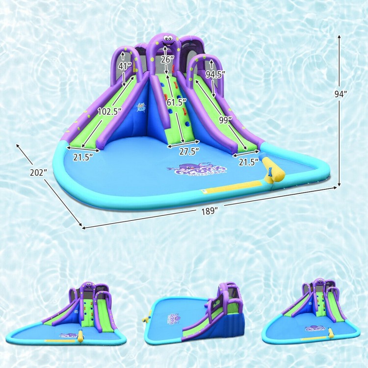 Inflatable water park with octopus design featuring slides, climbing wall, and large splashing pool for backyard fun.
