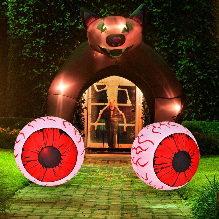 Close-up of a 3-foot Halloween inflatable eyeball featuring vivid bloodshot patterns and equipped with a powerful air.