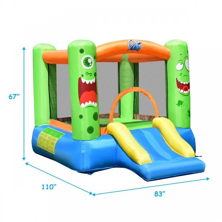 Inflatable castle bounce house jumper with slide, vibrant colors, large jumping area, ideal for kids' outdoor play.