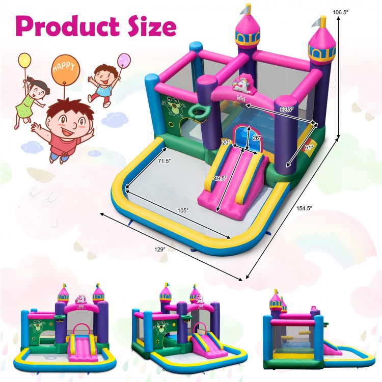 Unicorn-themed 6-in-1 kids inflatable bounce house with slide, ball pit, and mesh walls for safe playtime fun.