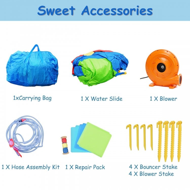 Hippo inflatable water slide bounce house accessories including blower, water slide, and carrying bag for summer fun.