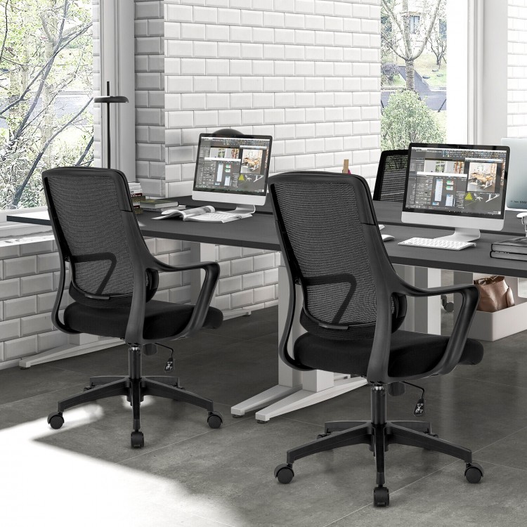 Modern breathable mesh chair with curved backrest and armrest, adjustable height, ideal for comfortable office use.