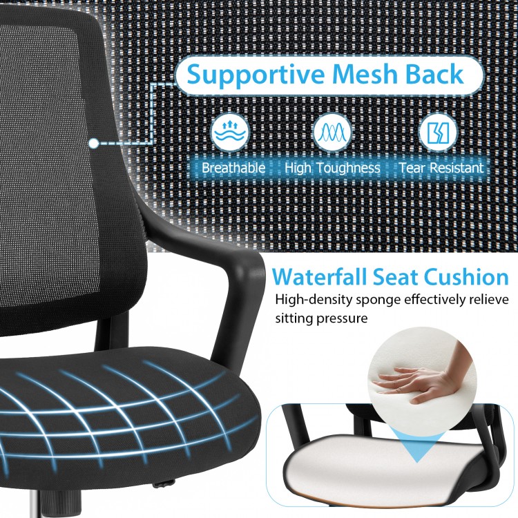 Curved backrest and waterfall seat cushion of the black mesh chair provide ergonomic support and comfort for long hours.