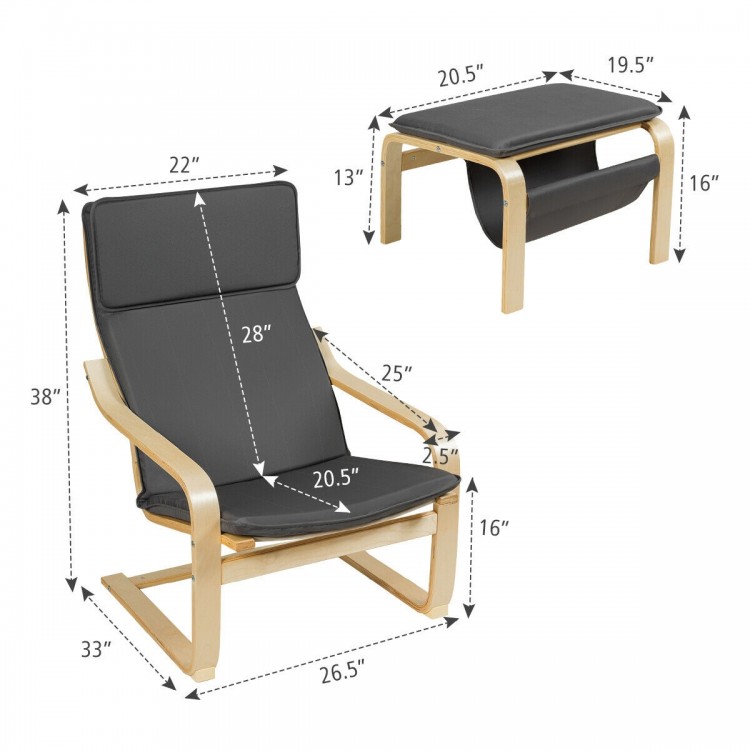 Gray Relax Bentwood Lounge Chair set with ottoman and magazine rack, featuring a natural wood frame and ergonomic.