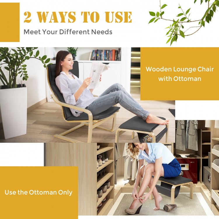 Gray Relax Bentwood Lounge Chair set with ottoman, featuring a natural wood frame and thick cushion for comfort.