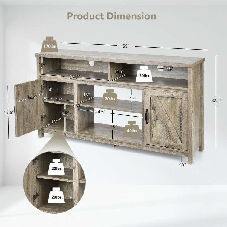 Dimensions of the 59-inch TV stand with barn door, featuring adjustable shelves and ample storage for media equipment.