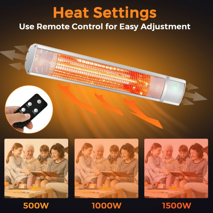 Wall-mounted 1500W outdoor electric patio heater in silver with remote control, featuring 3 heat settings for versatile.