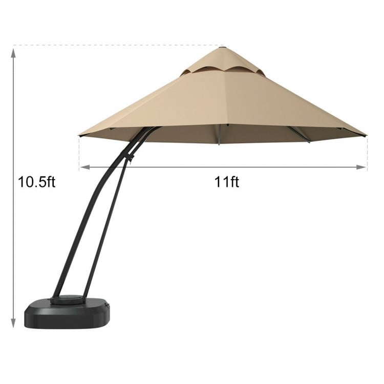 Beige 11ft outdoor cantilever hanging umbrella with powder-coated aluminum frame, featuring wheels for easy mobility.