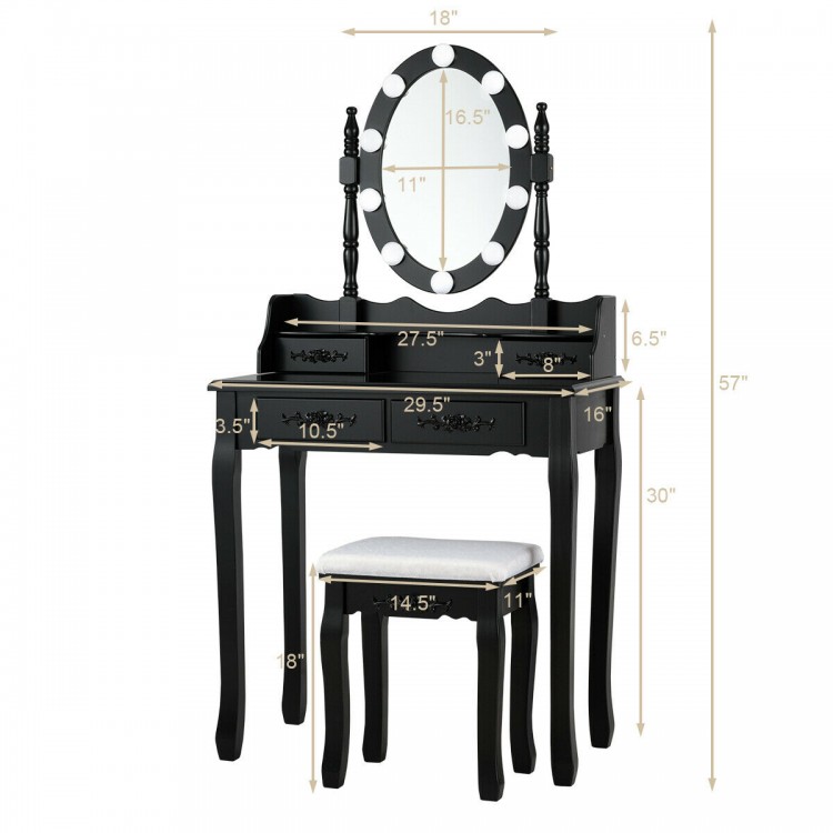 Black makeup dressing table with lighted mirror, cushioned stool, and four drawers for ample storage and elegant design.