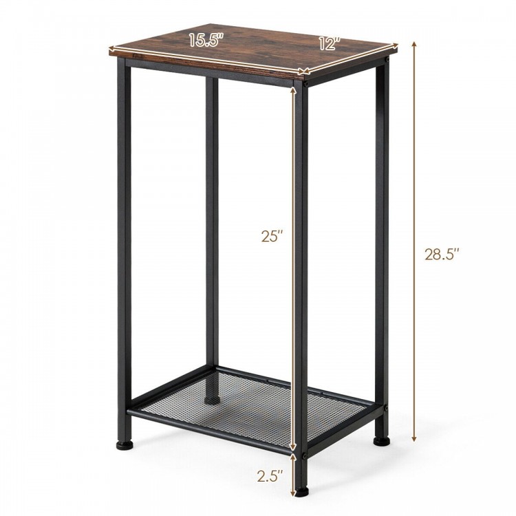 2-Tier industrial end table with a rustic top and metal mesh shelf, perfect for living room or office use.