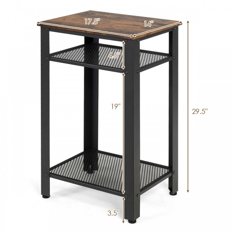 3-tier industrial end table with a rustic top and metal mesh shelves, perfect for bedroom or living room storage.