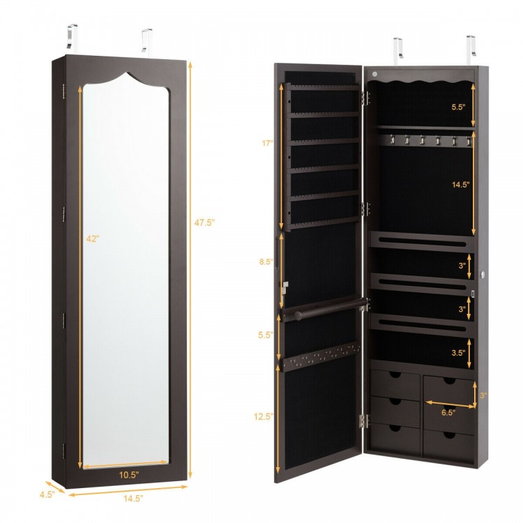 Lockable mirror jewelry cabinet armoire in coffee with 5 LED lights, 6 drawers, and full-length mirror for organized.