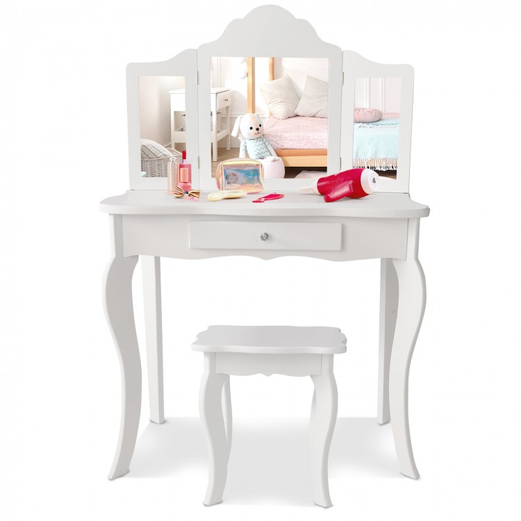 Mini makeup dressing mirror vanity table set in white with a stool, featuring a foldable mirror and large capacity.