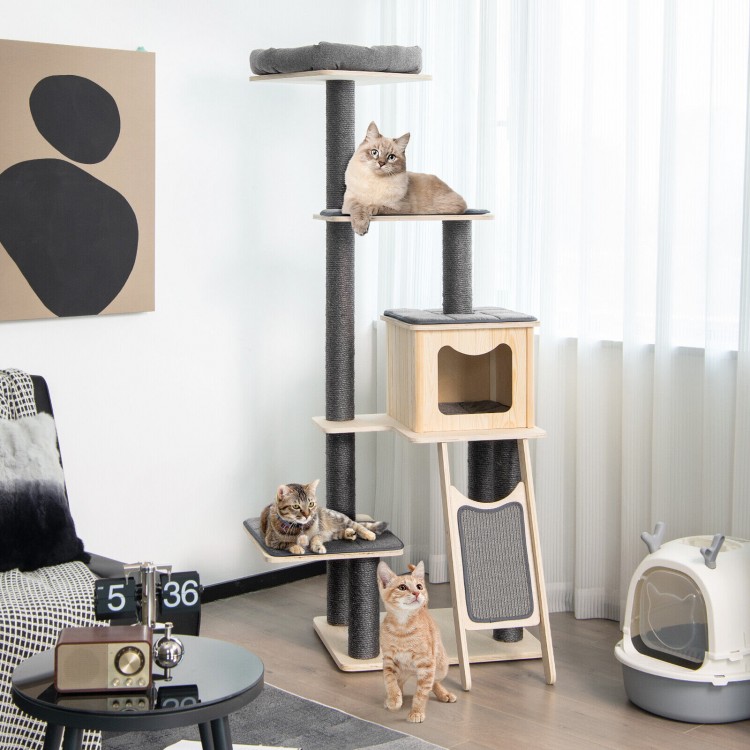 5-tier modern wood cat tower in gray with washable cushions, featuring a large condo and multiple platforms for play.