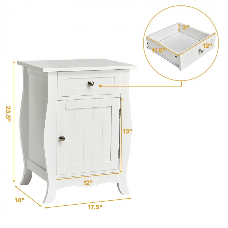 White wooden accent end table with drawer and cabinet, featuring wave-shaped bottom, perfect for stylish storage.