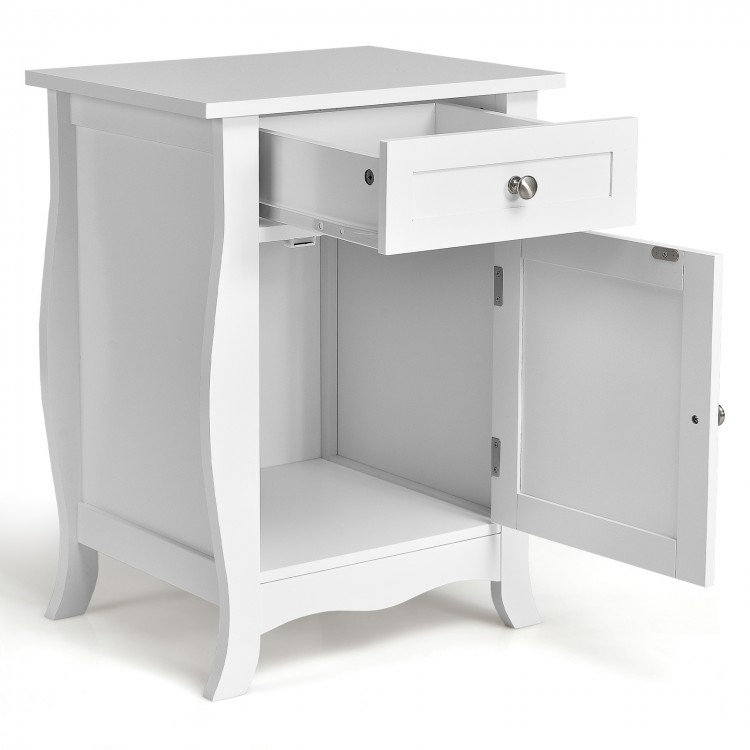 White wooden accent end table featuring a spacious tabletop, pull-out drawer, and single-door cabinet for stylish.