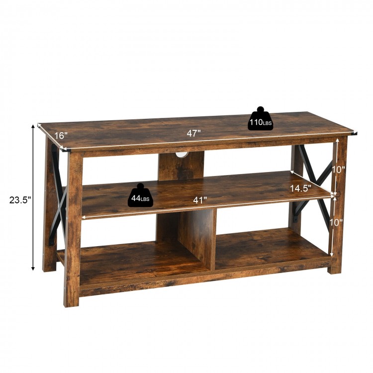 Modern farmhouse TV stand in brown with open shelves, accommodating TVs up to 55 inches, ideal for living room or.