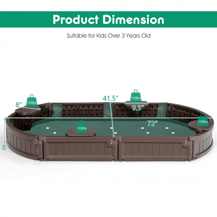 Sandbox with built-in corner seats, brown, 72" long, designed for kids over 3 years, ideal for outdoor play.