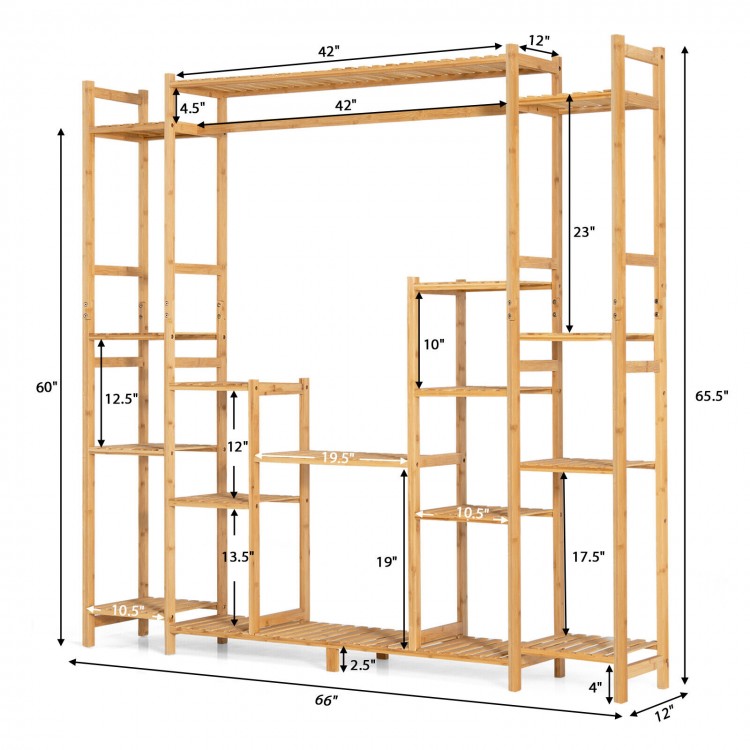 9-tier bamboo plant stand with hanging rack, featuring hollowed shelves and anti-dumping device for stability.