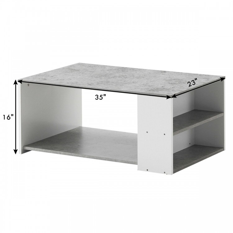 Gray coffee table with storage shelves, made of P2 certified MDF, perfect for living room or office use.