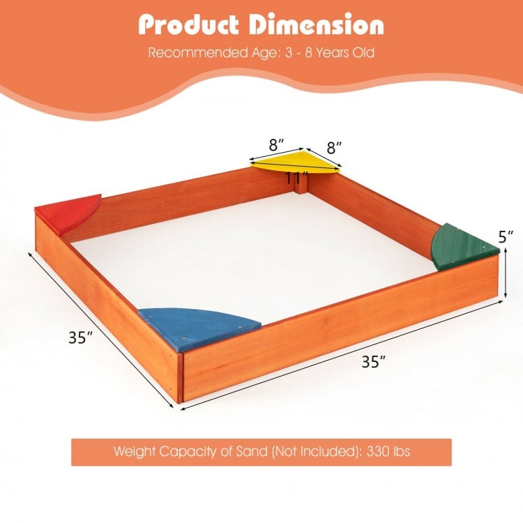 Kids outdoor wooden sandbox with built-in corner seating, made of cedar and pine, dimensions 35" x 35" x 5".