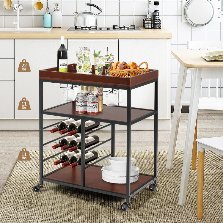 Three-tier serving cart with wine rack and glass holders, featuring a stylish wooden top for organized kitchen storage.