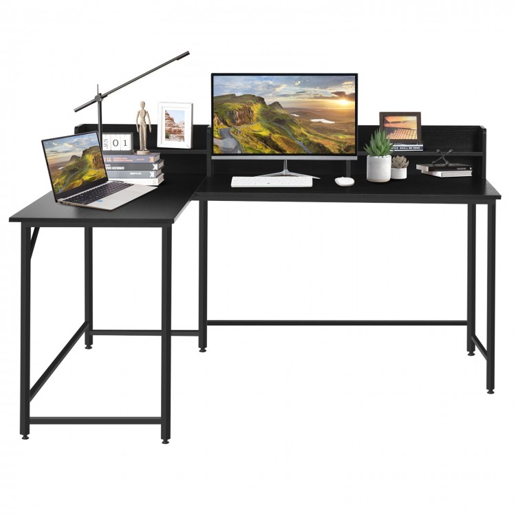 L-shaped black computer desk with bookshelf, featuring a large workspace and sturdy powder-coated steel frame for home.