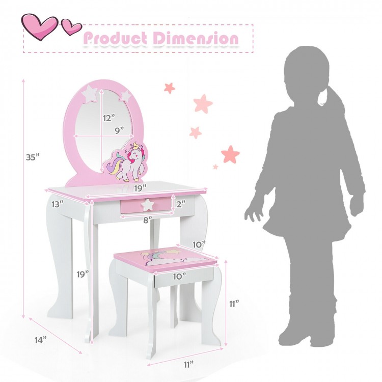 Kids wooden makeup dressing table and chair set with mirror, featuring cute patterns and a practical drawer for storage.