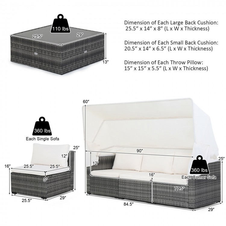 6-piece patio rattan furniture set with retractable canopy, featuring adjustable foot pads and waterproof cushions for.