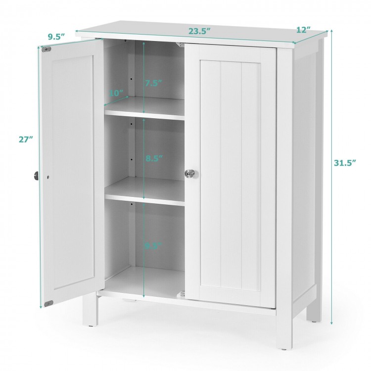 2-door white bathroom storage cabinet with adjustable shelves, ideal for towels and toiletries, featuring a sleek.