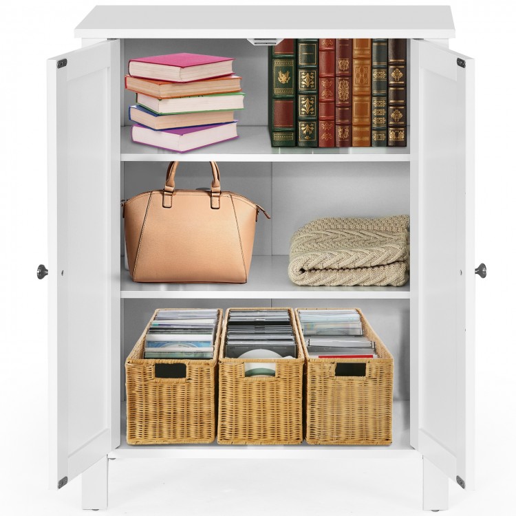 2-door bathroom storage cabinet in white with adjustable shelves, holding books, a bag, and woven baskets for versatile.