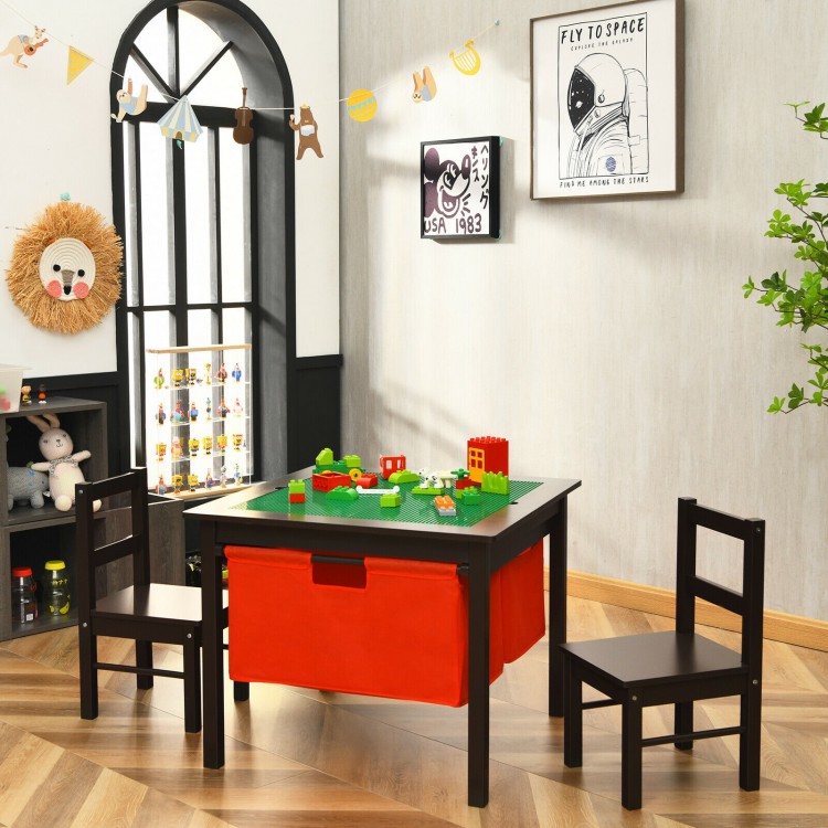 Kids activity table with storage and two chairs in dark brown, perfect for playtime and creative activities.