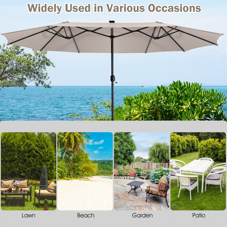 Double-sided 15 feet patio umbrella in beige with solar LED lights, perfect for garden, patio, or outdoor gatherings.