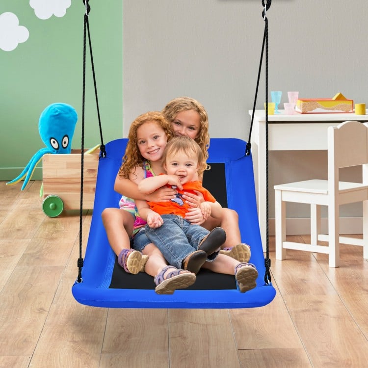 Blue 60-inch platform tree swing with kids, featuring durable Oxford fabric and adjustable ropes for versatile play.