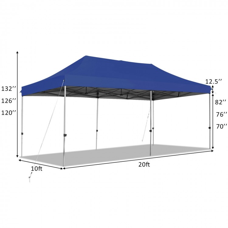 Blue 10 x 20 feet adjustable folding sun shelter with a sturdy steel frame, ideal for outdoor parties and picnics.
