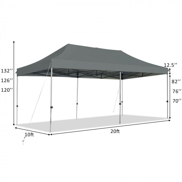 Adjustable 10 x 20 feet gray folding sun shelter with a sturdy steel frame, ideal for outdoor events and easy transport.