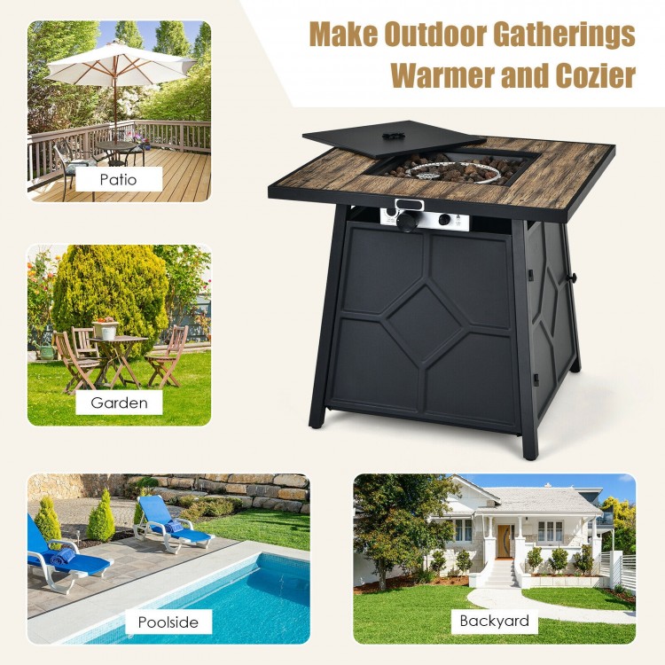 28-inch propane gas fire pit table with stainless steel burner, lava stone, and adjustable flame for outdoor gatherings.
