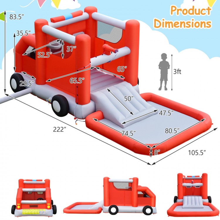 Fire truck-themed inflatable bounce house with slide and pool, made of durable Oxford material for backyard fun.