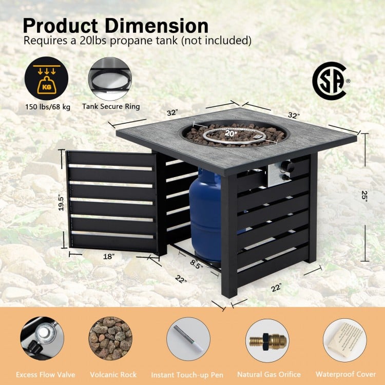 Square propane fire pit table with lava rocks, featuring a waterproof cover and adjustable flame control for outdoor.