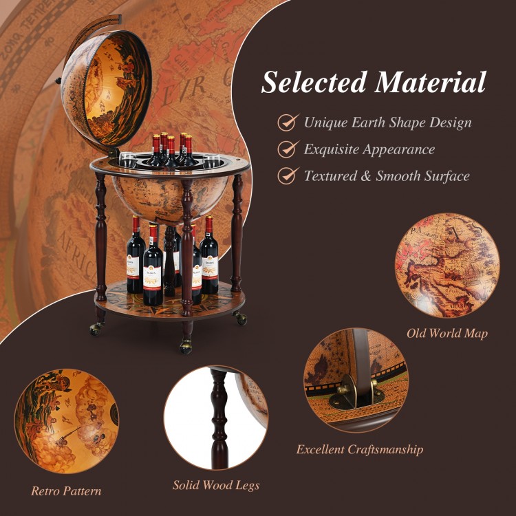 Globe wine cabinet with vintage old world map design, solid wood legs, and wheels for easy movement, perfect for.