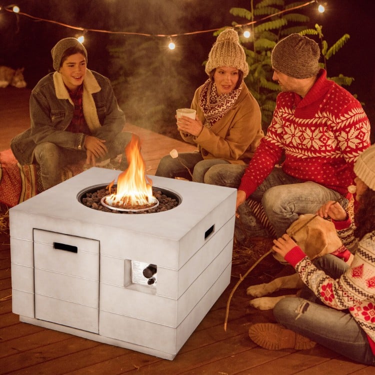 Square concrete propane fire pit table with lava rocks, 50,000 BTU, perfect for outdoor gatherings and patio use.