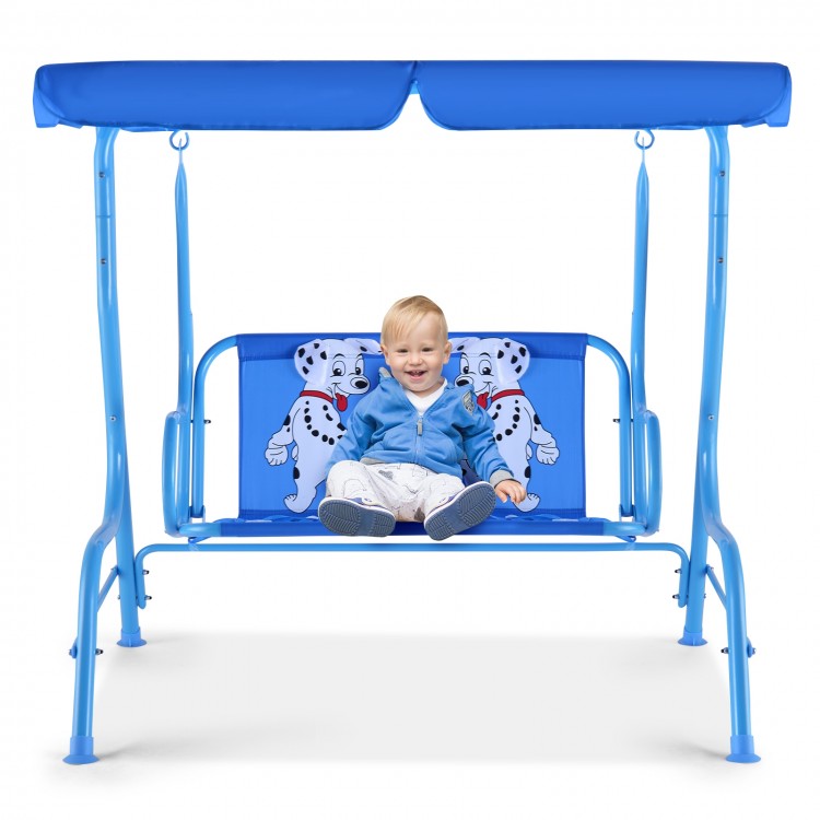 Outdoor kids patio swing bench with canopy featuring a puppy pattern, suitable for 2 children aged 3 to 5 years.
