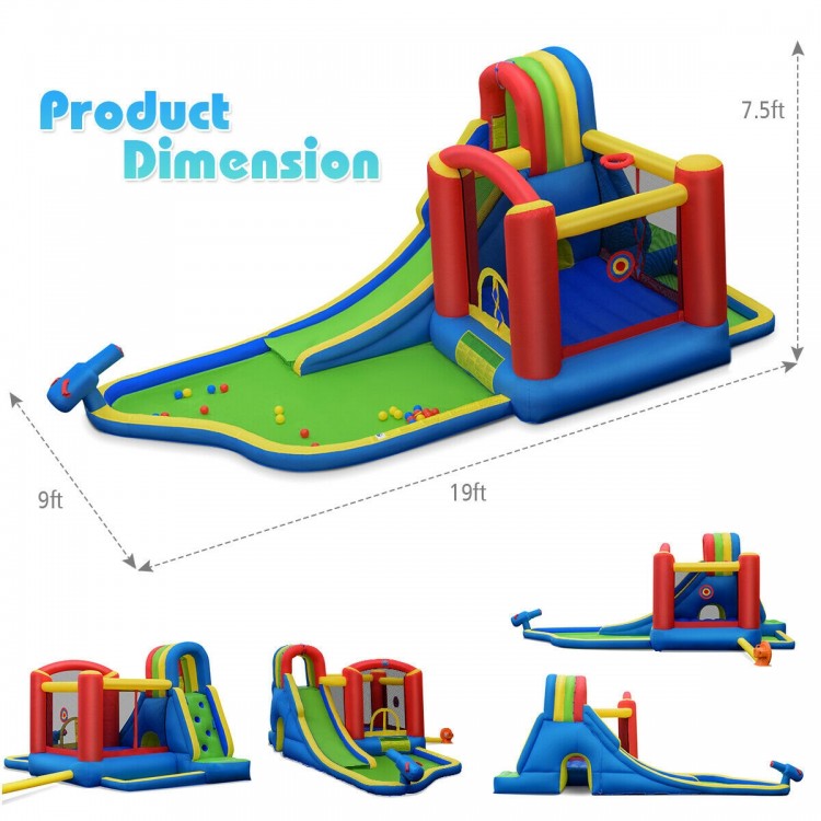 Side view of the inflatable kid bounce house with climbing wall and water slide, made of puncture-resistant 420D oxford.