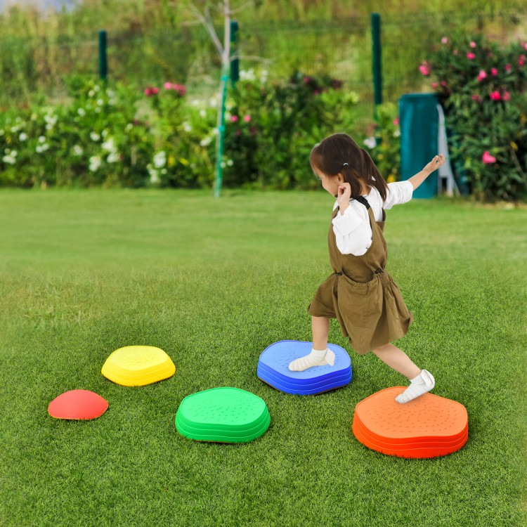 Colorful 5-piece kids balance stepping stones set for outdoor play, promoting coordination and balance skills.