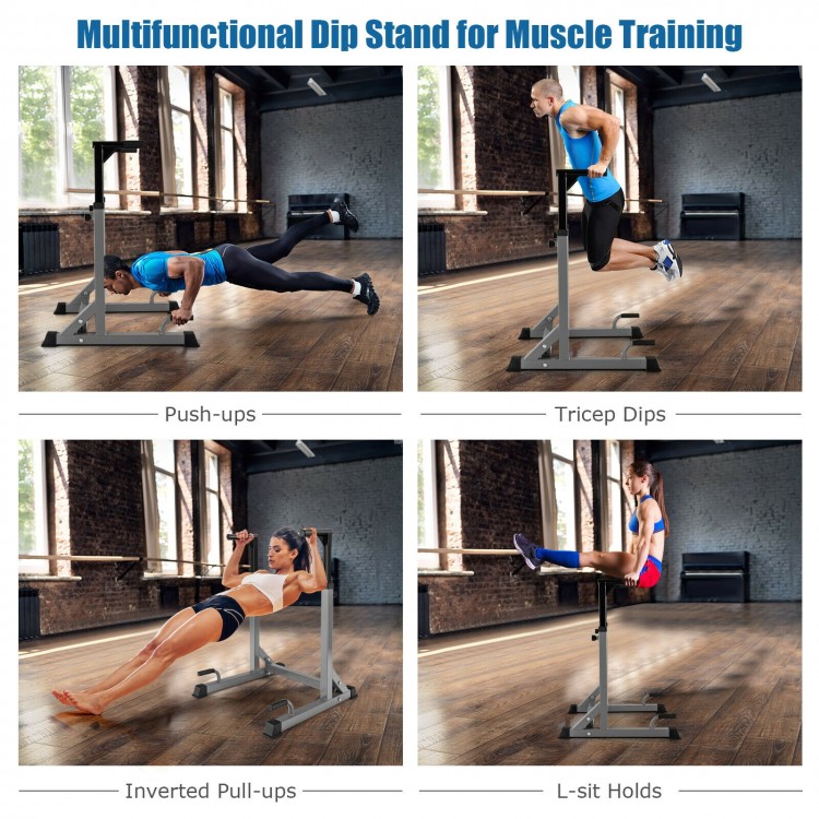 Adjustable multi-function dip stand in red and silver for tricep dips, push-ups, and L-sit holds in home gym.