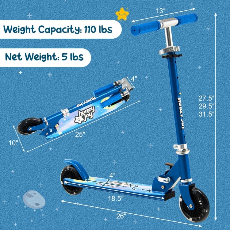 Folding adjustable height kids kick scooter in blue with LED flashing wheels, suitable for kids up to 110 lbs.