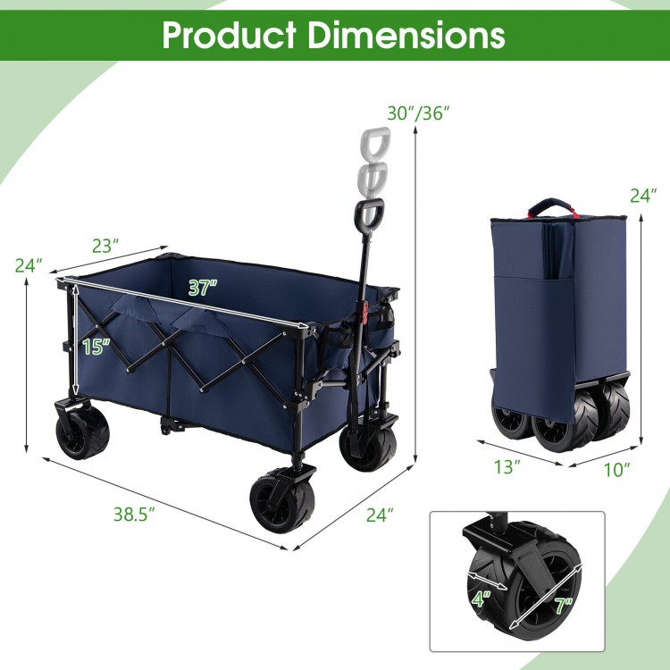 Folding utility garden cart in blue with wide wheels, adjustable handle, and dimensions for easy storage and transport.